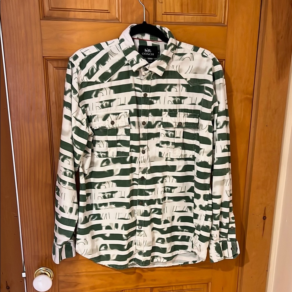 Green and White Striped Coach Button-Up Shirt